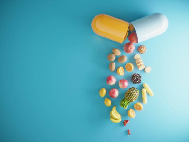 Natural foods spilling from capsule representing plant-based alternatives